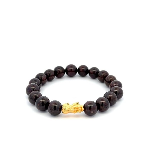 18K Gold Piyao Pixiu Dragon Bracelet Gemstones Garnet 8mm January Birthstones - Picture 1 of 5